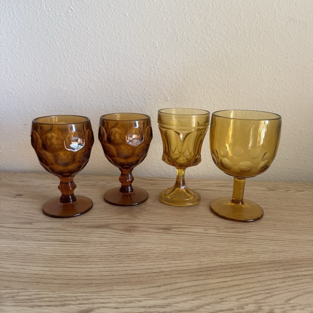 Vintage Amber‎ Glassware Mismatched Set of 4 Drinking Goblets Imperial Glass